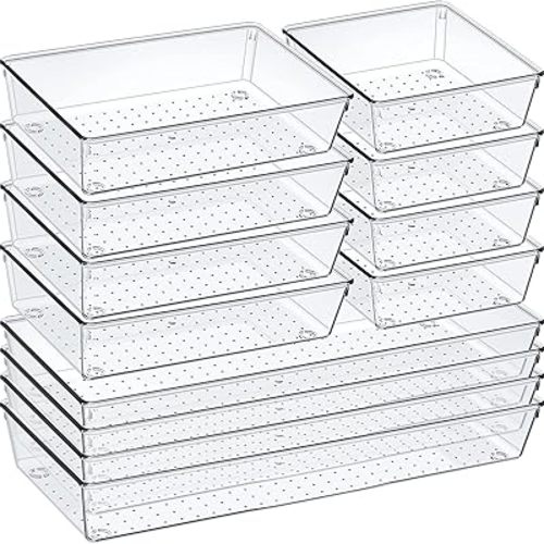 12 Pack Clear Plastic Drawer Organizer Set, Acrylic Non Slip Non Cracking Kitchen Drawer Storage Tray Large Size Divider, Multifunctional Storage for Cosmetics, Bathroom, Tools, Kitchen and Office