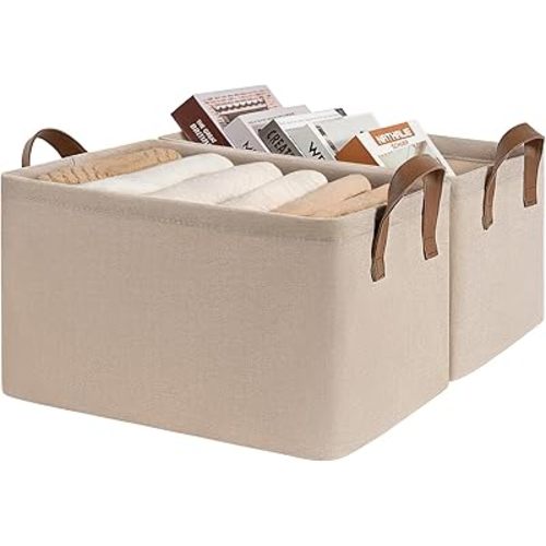 CHICVITA Storage Baskets for Shelves, Closet Fabric Storage Bins with Metal Frame, Collapsible Towel Organizer for Closet Living Room, 14 ¾" L x 10 ¼" W x 8 ¼" H, Brown, 2-Pack
