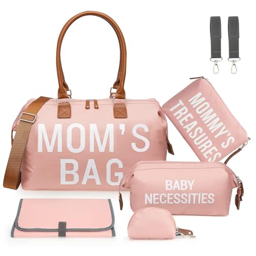 printe Large Diaper Bag Tote with Changing Pad, 2 Organized Pouches, Mom's Bag for Hospital with Pacifier Case, Straps, Stroller Hook, Hospital Weekender Travel Pink Baby Diaper Tote Bag