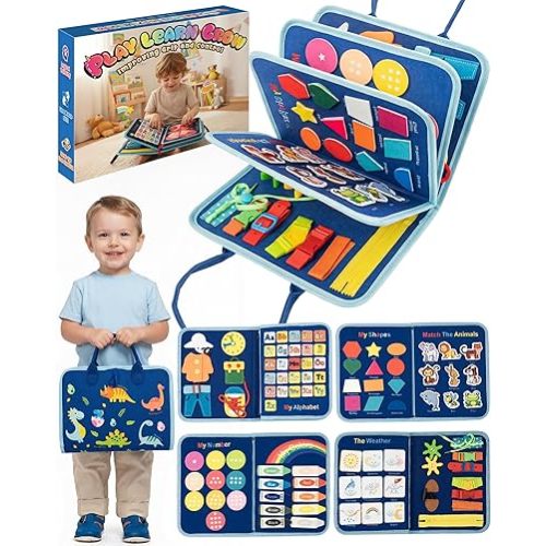 Dinosaur Busy Board for Toddlers, 8-Page Blue Sensory Activity Book with Buckles & Zippers, Montessori Learning Toy for Fine Motor Skills, Screen-Free Airplane Travel Toy for Boys