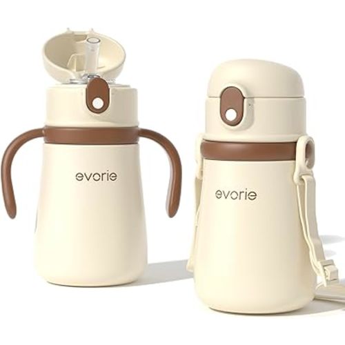 Evorie Leak Proof Vacuum Insulated Water Bottle, 316L Stainless Steel Sippy Cup for Toddlers, 11 oz Straw Cup with Handle & Adjustable Strap, Keeps Drinks Warm or Cold (1 Pack, White)