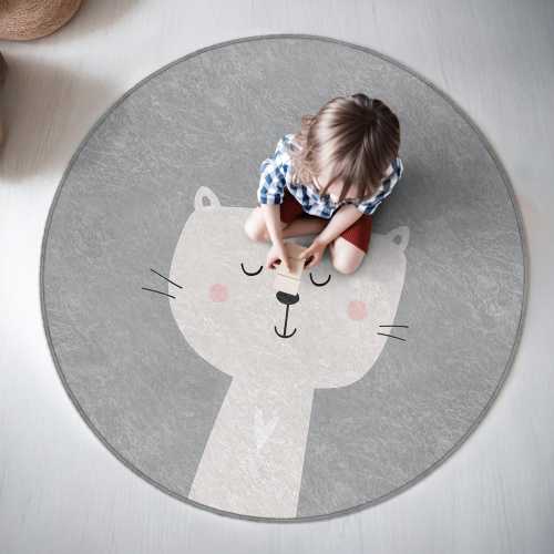Gray Cat Face Kids Room Round Rug - Cute Whisker Animal Circle Carpet - Adorable Nursery Decor Oval Mat - Playroom Friendly Round Carpet