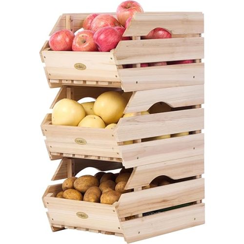 Wood Potato Onion Storage Bins - Wooden Stackable Produce Basket - Fruit Vegetable Storage for Kitchen Pantry Organization, Set 3 Pieces
