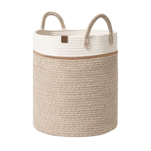 LA JOLIE MUSE Woven Basket Rope Storage Baskets - Tall Cotton Basket 16 x 14 x 14 Inches, Laundry Basket for Blanket, Kids Toy, Nursery Clothes Hamper Basket White & Desert