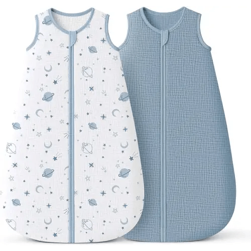 Konssy Muslin Baby Sleep Sack 0-6 Months 0.8 TOG, 2 Pack 100% Cotton Wearable Blanket for Babies, 2-Way Zipper Breathable Sleeping Sack Infant Toddler Essentials for Girls and Boys (Star, Blue)