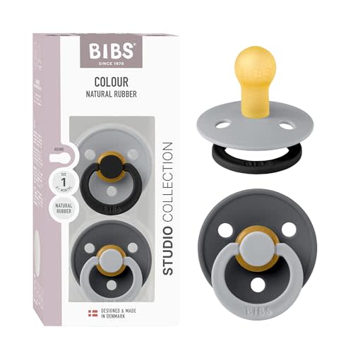 BIBS Colour Studio Pacifier 2-Pack, BPA Free, Round Nipple. Natural Rubber Latex, Made in Denmark, Size 1 (0-6 Months) - Cloud/Iron