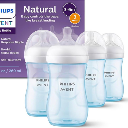 Philips Avent Natural Baby Bottles with Natural Response Nipples (Medium Flow, Flow 3), 9oz, Blue, 4-Pack, SCY903/24