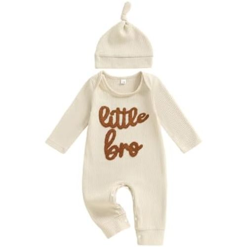ZAXARRA Newborn Boy Stripe Romper Letter Embroidery Round Neck Jumpsuit with Hat