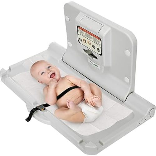 Alpine Wall Mounted Baby Changing Station - Horizontal Baby Changing Table Foldable Diaper Tables with Safety Strap for Commercial Bathroom, ADA Complaint (Hardware Included) White Gray