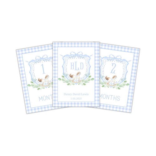 Personalized Baby Milestone Cards – Blue Gingham Rocking Horse Monogram Crest | Monthly First-Year Keepsake Cards for Photos & Memories