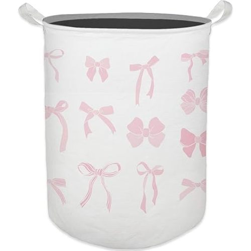 Coquette Pink Bow Girls Laundry Basket, Toybox for Girls Room, Preppy Pink Laundry Basket Hamper Waterproof Collapsible Clothes Toys Storage Bin Organizer for Girly Bedroom Dorm Bathroom