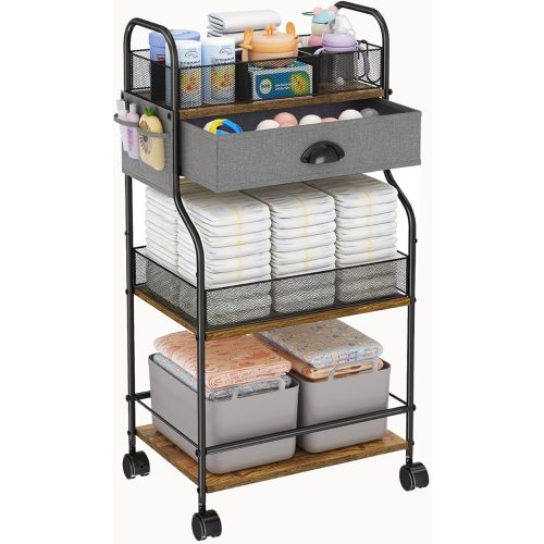 3-Tier Baby Diaper Caddy Organizer and Storage Cart, Mobile Metal Utility Cart with Rolling Wheels for Nursery Essentials with 4+2 Dividers, Large Capacity Rolling Cart For Bedroom, Bathroom, Nursery