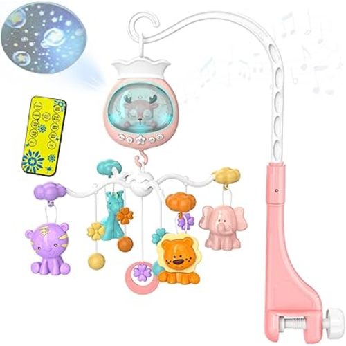 Crib Mobile with Music and Lights, Baby Mobiles for Cribs, Nursery Mobile Arm Hanging Toys for Bassinets Girls Boys Babies, Musical Infant Space Portable Mobiles Clip On Pack and Play Hanger