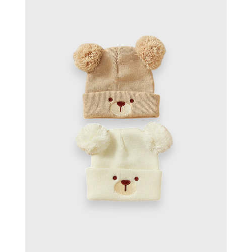 2 Pc Baby Bear Pom-Pom Knit Beanie Set