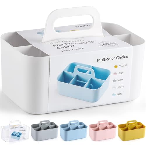 Multiuse Caddy Organizer with Handle, Portable Divided Plastic Tote Bin - Art Craft, Stationary Pen Marker Crayons, Makeup Hair Supplies Storage - Bathroom, Classroom, Dorm, Office, Desk Holder -White