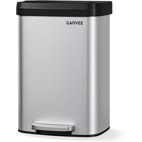 Garvee 13 gal / 50 L Stainless Steel Trash Can with Lid, Large Garbage Can for Kitchen, Rustproof Step-on Kitchen Metal Trash Bin with Liner Rim, Rear Handle, Soft Close Plastic Lid, Silver