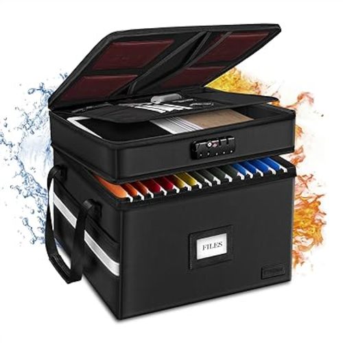 ETRONIK Fireproof Document Box with Lock, 2 Layer File Cabinet Organizer with 5 Tab Inserts, Portable Office Collapsible File Storage with Reflective Strip for Hanging Letter, Legal Size Folder