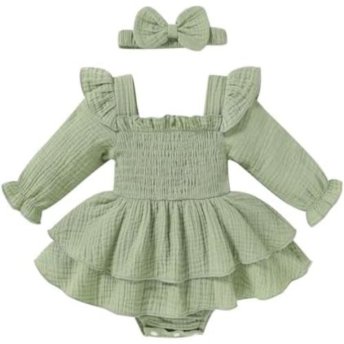 YOUNGER TREE Baby Girl Fall Clothes Infant Long Sleeve Ruffle Romper Dress with Headband Cute Toddler Winter Outfits