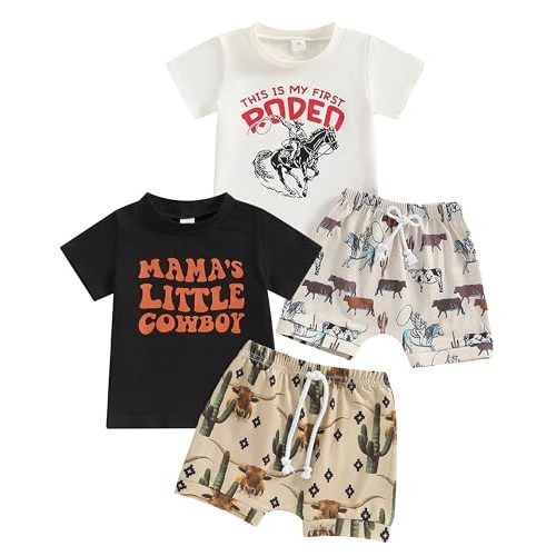 VZF Toddler Boys Shorts Set Western Cowboy-Print Short Sleeves Tops+Elastic Pants Baby Summer Casual Outfits