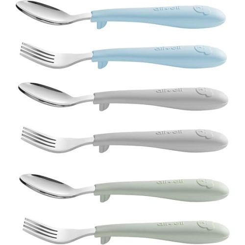 Ali+Oli Toddler Utensils Set (6 Pack) – Stainless Steel Kids Silverware with Soft Silicone Handles, BPA Free Baby Forks and Spoons, Durable Children Flatware Dishwasher Safe for Self Feeding (Bears)