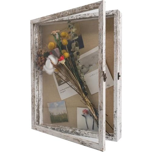 GraduatePro Shadow Box Frame 13X16 Display Case with Linen Back, Real Glass Window Door with Hinge, Picture Frame Wedding Bouquet Memorabilia Medals Photos Memory Box for Keepsakes Rustic White