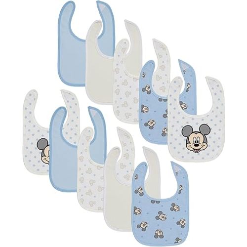 Disney 10-Pack Mickey Mouse Baby Bibs – Ten Soft, Absorbent, and Adjustable Cotton Bibs for Mess Free Meals