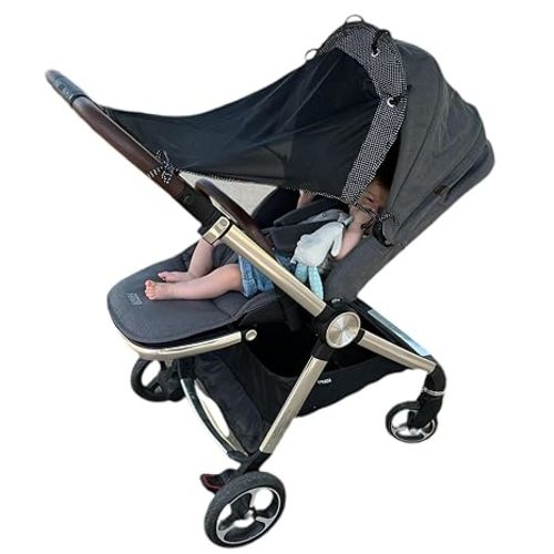 Stroller Sun Shade Extender – Universal Clip-On Baby Stroller Sun Shade Cover, UV Protection, Breathable See-Through Mesh, Adjustable Fit, Large Black