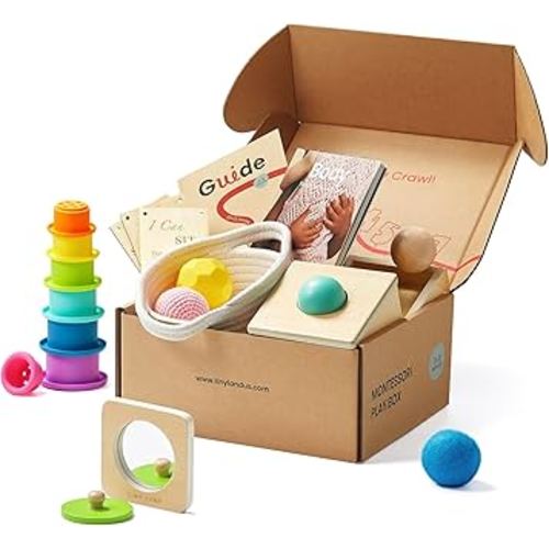 Tiny Land Montessori Toy Set for Babies 7-9 Months Senser Play Kit - 5-in-1 Wooden Learning Toys with Object Permanence Box, Sensory Ball, Stacking Cups and Mirror Puzzle,Body Board Book