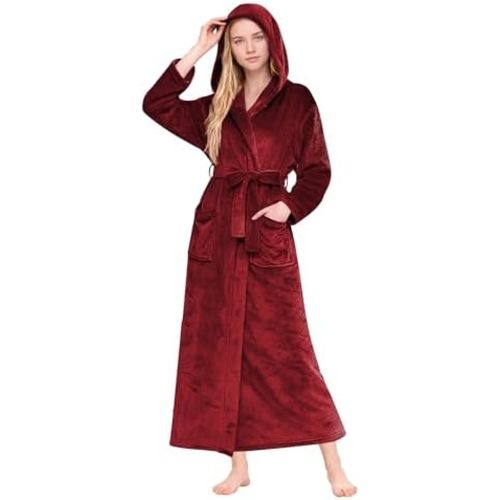 HEARTNICE Womens Long Hooded Robe, Soft Warm Fleece Bathrobes Full Length Plush House Coat