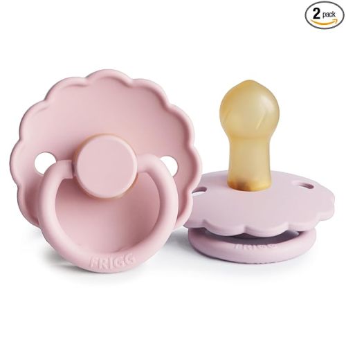 FRIGG Daisy Natural Rubber Baby Pacifier | Made in Denmark | BPA-Free (Baby Pink/Soft Lilac, 0-6 Months) 2-Pack