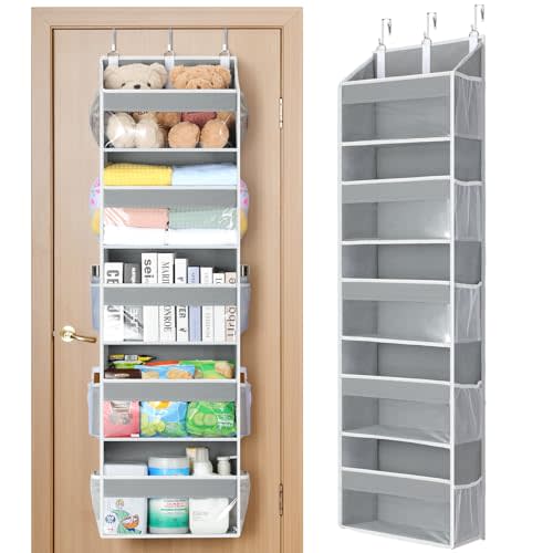 Yecaye Over the Door Organizer 5 Tiers, Heavy Duty Hanging Storage with 5 Large Clear PVC Pockets and 10 Side Pockets, 56lbs Capacity for Closet Door Bathroom Bedroom Nursery Dorm Laundry Room, Grey