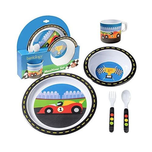 Bentology 5 Pc Mealtime Feeding Set for Kids and Toddlers - Racecar - Includes Plate, Bowl, Cup, Fork and Spoon Utensil Flatware