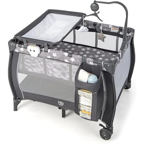 Costzon 3 in 1 Pack and Play with Bassinet, Portable Baby Playard with Changing Table, Music Box, Whirling Toys, Wheels/Brake, Basket, Bag, Foldable Infant Bassinet for Baby Toddlers Indoor Outdoor