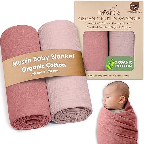 Organic Cotton Muslin Baby Blanket - 47x47 Inch Breathable Swaddle, Hypoallergenic Double-Layer, Versatile Use (Rose/Peach, 47x47 Inch) | Breathable, Hypoallergenic, Swaddle, Versatile Use