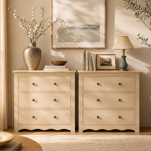 Oversized Dresser for Bedroom with 6 Drawers, Mid Century Modern Wooden Dresser Chest of Drawers with Handles, 3 Drawer Nightstand Set of 2, Storage Organizer for Bedroom, Living Room, Wood