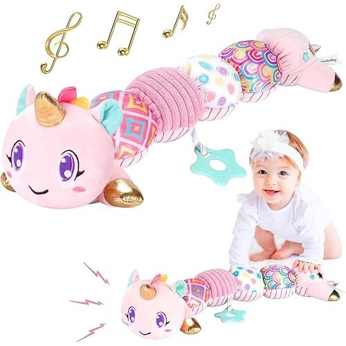 Unicorn Baby Toys 6-12 Months, Musical Infant Toys with Sensory Crinkle and Rattle for Tummy Time Newborn, Baby Girl Toys for 0-3-6-12+ Months Old Baby Must Have Christmas Gifts - Pink