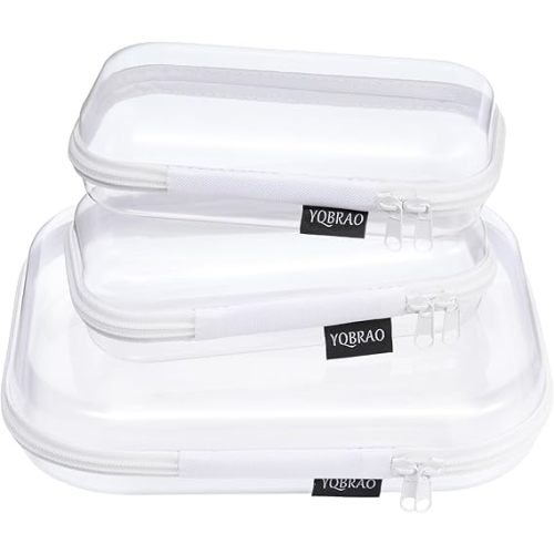 YQBRAO 3pc Hard Shell Clear Travel Pouches; 1.2mm Crush-Proof Makeup & Palette Organizer; TSA Approved Toiletry Bags with Smooth YKK Zippers; Rigid Protection for Diaper Bags, Tech, Toys & Totes