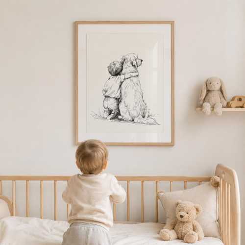 Boy & Golden Retriever Wall Art, Dog Nursery Print, Vintage Sketch Decor