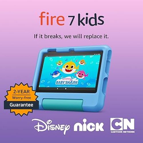 Amazon Fire 7 Kids tablet (newest model) ages 3-7. Top-selling 7" kids tablet on Amazon. Includes ad-free and exclusive content, easy parental controls, 10-hr battery, 32 GB, Blue