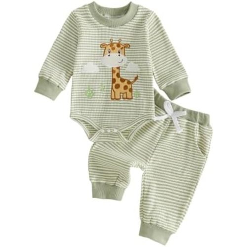 Baby boy Clothes Dinosaur Outfit Waffle Knit Romper Pants Set