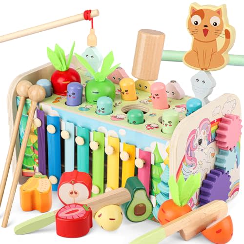 Lterfear 10 in 1 Montessori Toys for Toddlers, Wooden Hammering Pounding Toy with Whack A Mole Game, Xylophone, Fishing and Fruit Recognition Baby Brithday for Toddlers