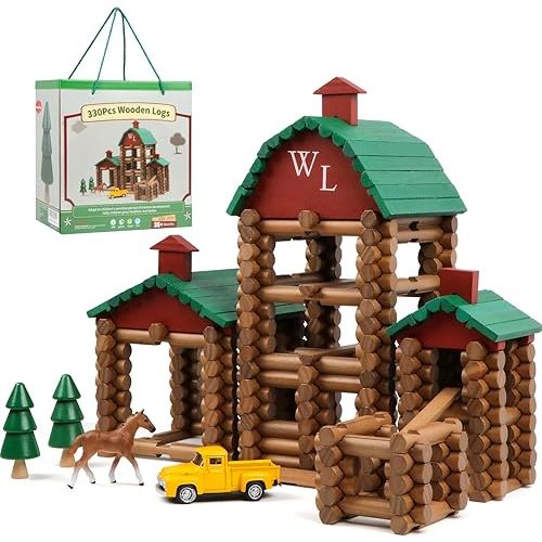 Wondertoys 330 Pcs Wooden Log Set Real Wood Logs Classic Building Log Ages 3+ Best Retro Building Gift Set for Boys Creative Construction Engineering Educational Gifts