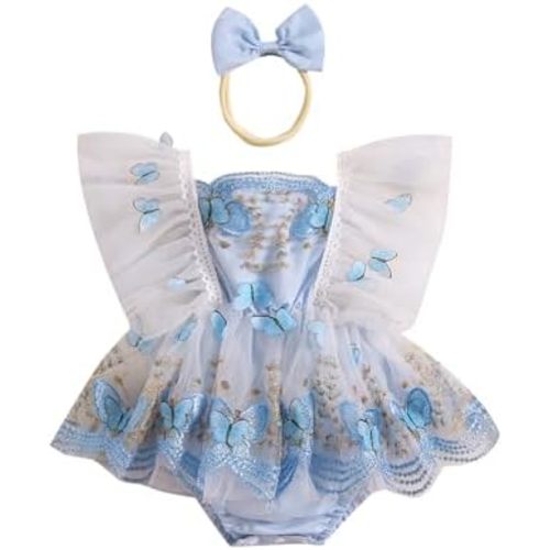 Hnyenmcko Newborn Baby Girl Lace Romper Dress Fly Sleeve Floral Embroidery Tutu Dress Headband Infant Summer Outfits
