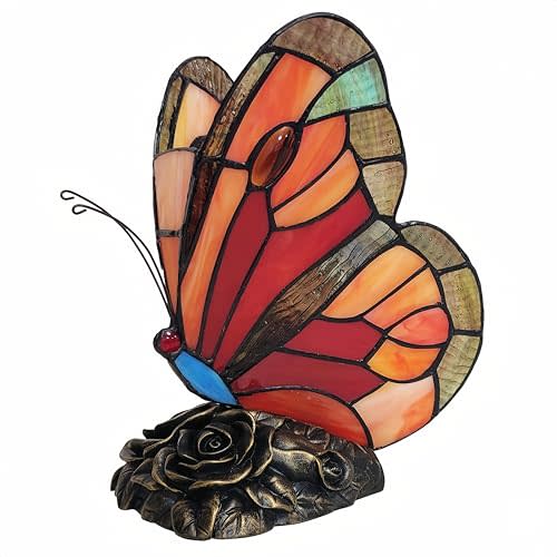 Tiffany Style Bedside Table Lamp Yellow Butterfly Rose Nightstand Lamps Stained Glass Shade Home Decor Office Desk Lamp LED Bulb Included