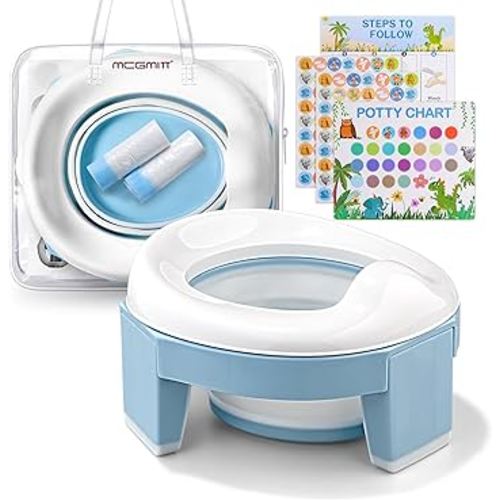 MCGMITT Potty Training Toilet Seat for Toddlers Boys Girls, Portable Baby Toilet Folding Kids Potty Chair Cover with Splash Guard for Travel, Including 3 Non-Slip Feet and Storage Bag (Blue)
