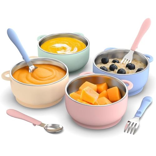 Toddler Bowls with suction & Utensils Set, 2-in-1 Stainless Steel 304 Kids Feeding Bowl & Silicone Suction Baby Bowl with Spoons and Forks, First Self-feeding Training Set, Organic Bloom
