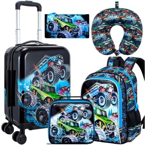 CCJPX 5Pcs Kids Suitcase for Boys, 16" Travel Luggage Set with Spinner Wheels, Truck Hardside Carry on Toddler Rolling Suitcase Airline Approved (Black)