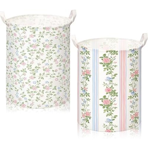 2 Pcs Floral Laundry Basket Coquette Storage Basket for Girls Flower Nursery Hamper with Handles Foldable Waterproof Collapsible Storage Bin Organizer for College Dorms Bathroom