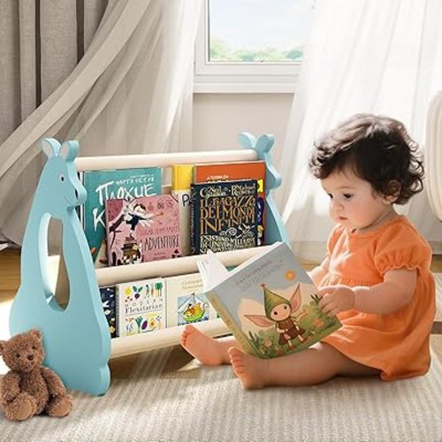 Double Sided Kids Bookshelf – 2 Tier Portable Toddler Bookshelf, Book Shelf for Kids Rooms & Playroom, Cute Kangaroo Design Wooden Montessori Baby Bookshelf,Toddler Book Display Shelves,Blue