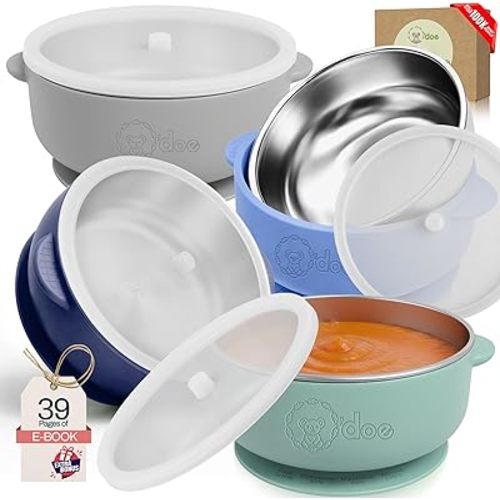 o'doe Suction Bowls for Baby - Non-Toxic Stainless Steel Baby Bowls 5" with Non-Slip Removable Silicone Shell - BPA-Free Toddler Bowls (Dark Blue + Powder Blue + Grey + Green (With Lid))